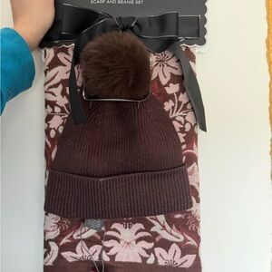 Vince Camuto Pink and Brown Floral Scarf and Pom Pom Beanie Set NWT